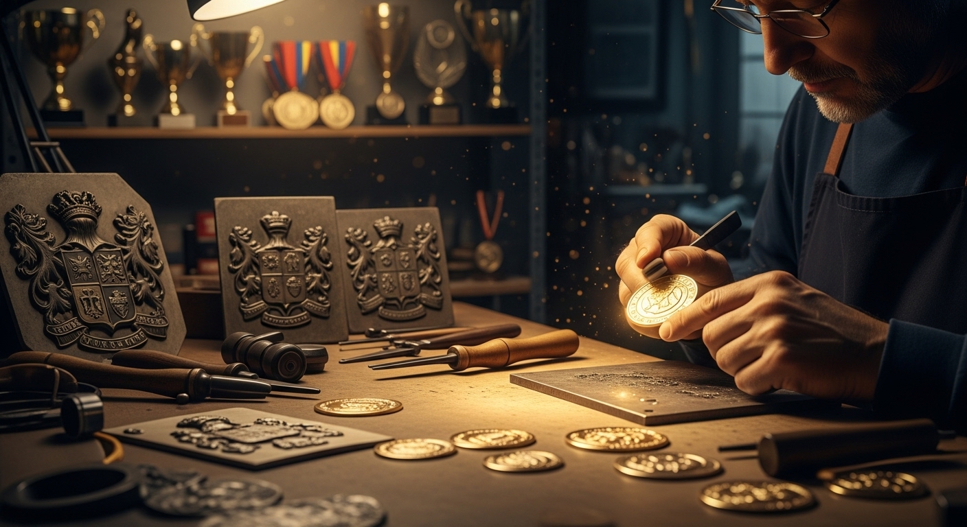 Artesão experiente polindo medalhas e brasões metálicos na oficina da Nova Siciliano